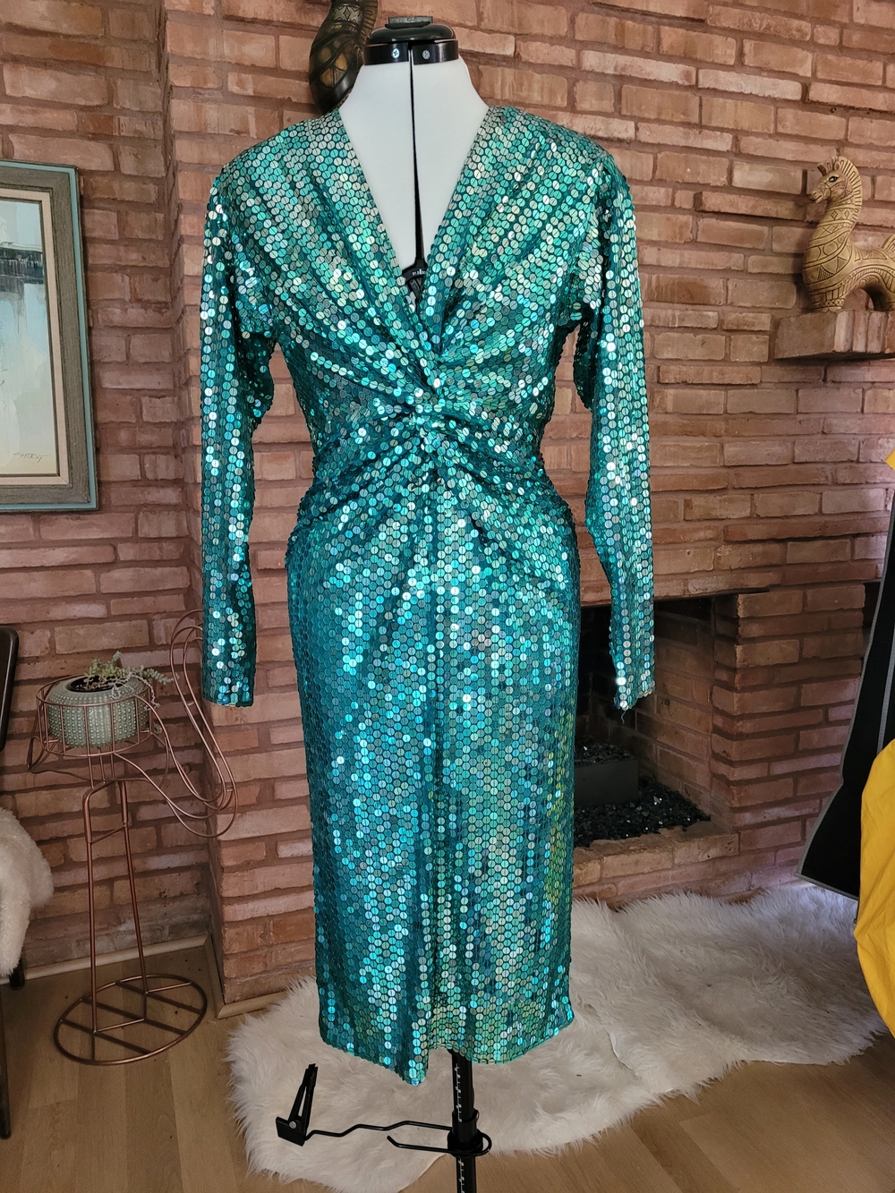 Vintage Oleg Cassini Teal Sequin Twist-Front Midi Dress